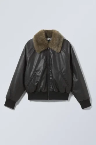 Loose Fit Faux Leather Bomber Jacket – Black