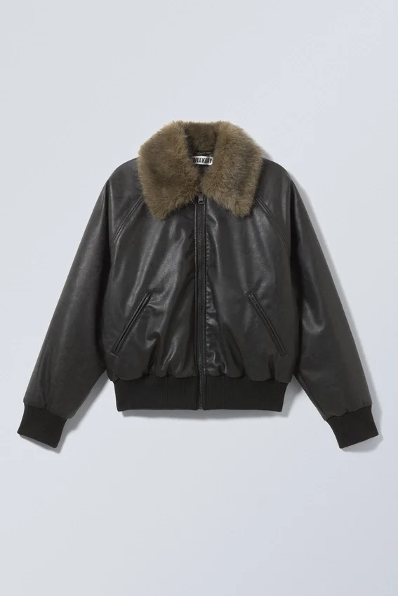 Loose Fit Faux Leather Bomber Jacket – Black Loose Fit Faux Leather Bomber Jacket – Black