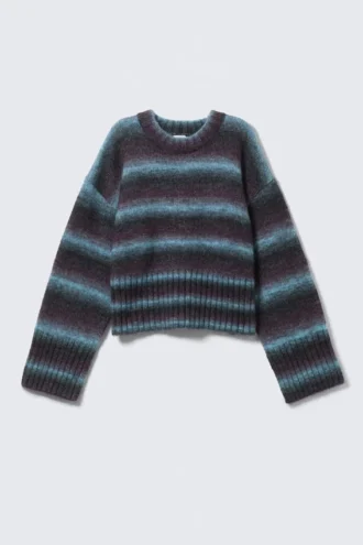 Loose Fit Knitted Sweater – Striped Turquoise