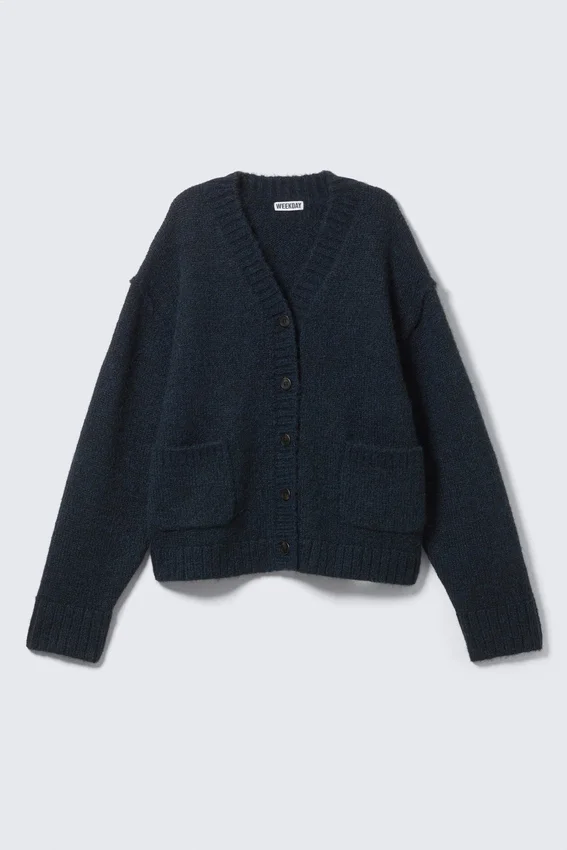 Loose Fit Knitted V-Neck Cardigan – Dark Blue Loose Fit Knitted V-Neck Cardigan – Dark Blue