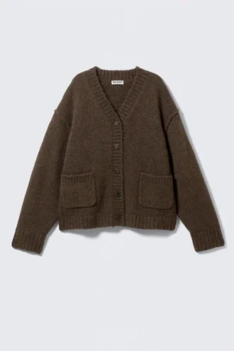 Loose Fit Knitted V-Neck Cardigan – Dark Brown Melange