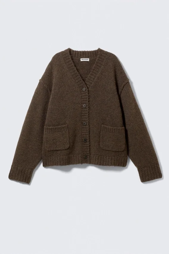 Loose Fit Knitted V-Neck Cardigan – Dark Brown Melange Loose Fit Knitted V-Neck Cardigan – Dark Brown Melange