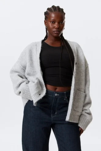 Loose Fit Knitted V-Neck Cardigan – Grey Melange