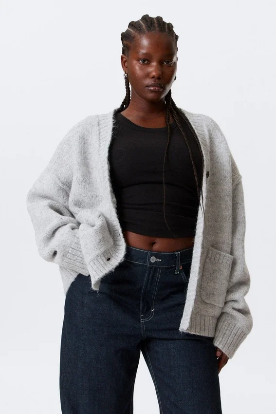 Loose Fit Knitted V-Neck Cardigan – Grey Melange Loose Fit Knitted V-Neck Cardigan – Grey Melange