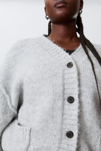 Loose Fit Knitted V-Neck Cardigan – Grey Melange