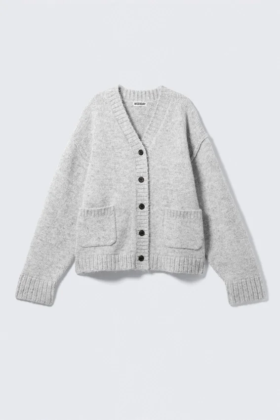 Loose Fit Knitted V-Neck Cardigan – Grey Melange Loose Fit Knitted V-Neck Cardigan – Grey Melange