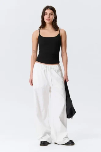Loose Fit Low Waist Washed Trousers – White