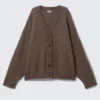 Loose Fit Mohair Blend V-Neck Cardigan – Dark Brown Melange Loose Fit Mohair Blend V-Neck Cardigan – Dark Brown Melange