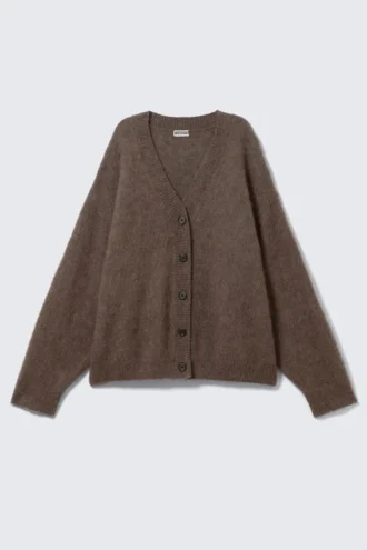 Loose Fit Mohair Blend V-Neck Cardigan – Dark Brown Melange