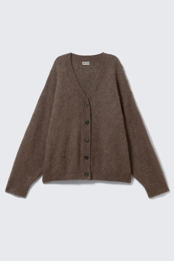 Loose Fit Mohair Blend V-Neck Cardigan – Dark Brown Melange Loose Fit Mohair Blend V-Neck Cardigan – Dark Brown Melange