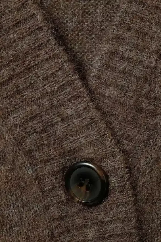 Loose Fit Mohair Blend V-Neck Cardigan – Dark Brown Melange Loose Fit Mohair Blend V-Neck Cardigan – Dark Brown Melange