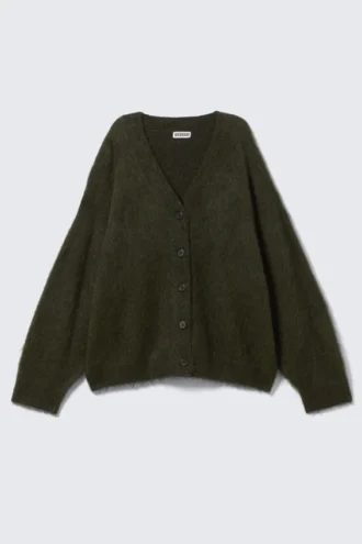 Loose Fit Mohair Blend V-Neck Cardigan – Dark Green