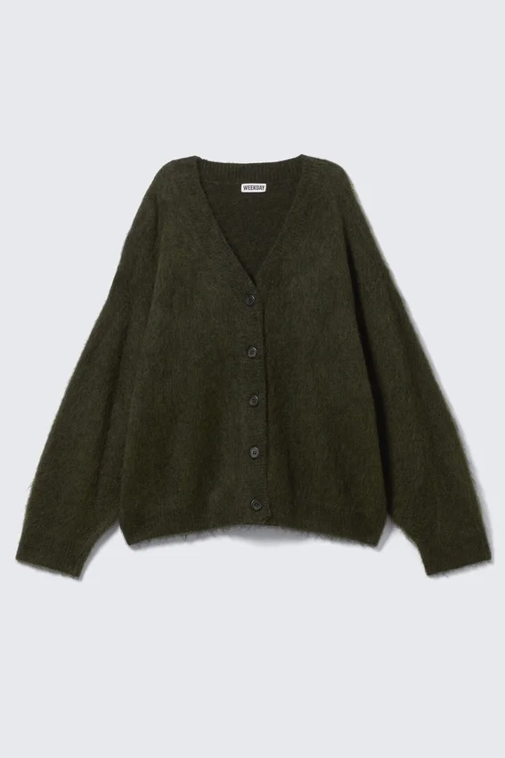 Loose Fit Mohair Blend V-Neck Cardigan – Dark Green Loose Fit Mohair Blend V-Neck Cardigan – Dark Green