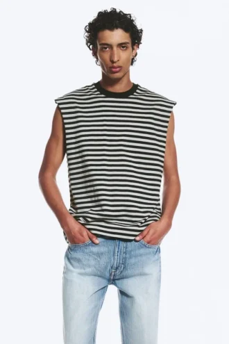 Loose Fit Square Cotton Tank Top – Grey/Black Stripe