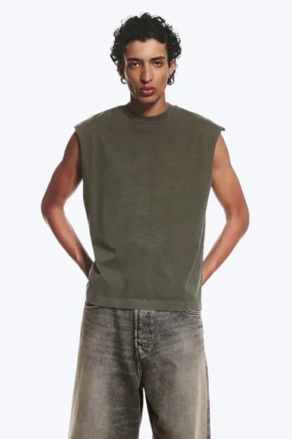 Loose Fit Square Cotton Tank Top – Washed Dark Khaki Green