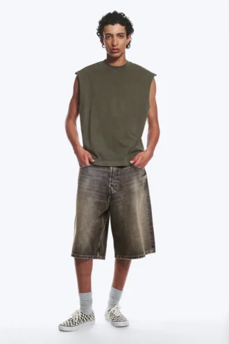 Loose Fit Square Cotton Tank Top – Washed Dark Khaki Green