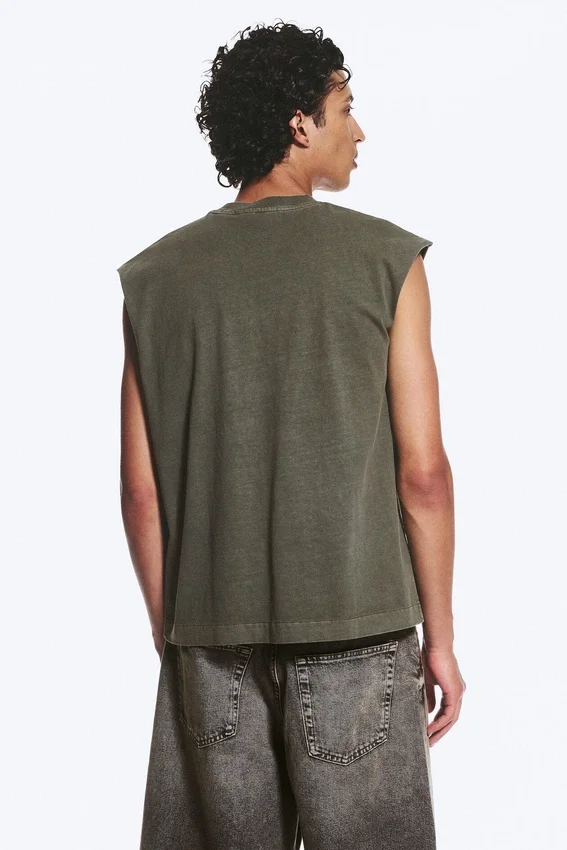 Loose Fit Square Cotton Tank Top – Washed Dark Khaki Green Loose Fit Square Cotton Tank Top – Washed Dark Khaki Green