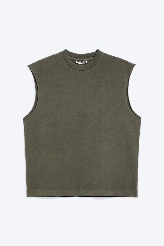 Loose Fit Square Cotton Tank Top – Washed Dark Khaki Green Loose Fit Square Cotton Tank Top – Washed Dark Khaki Green