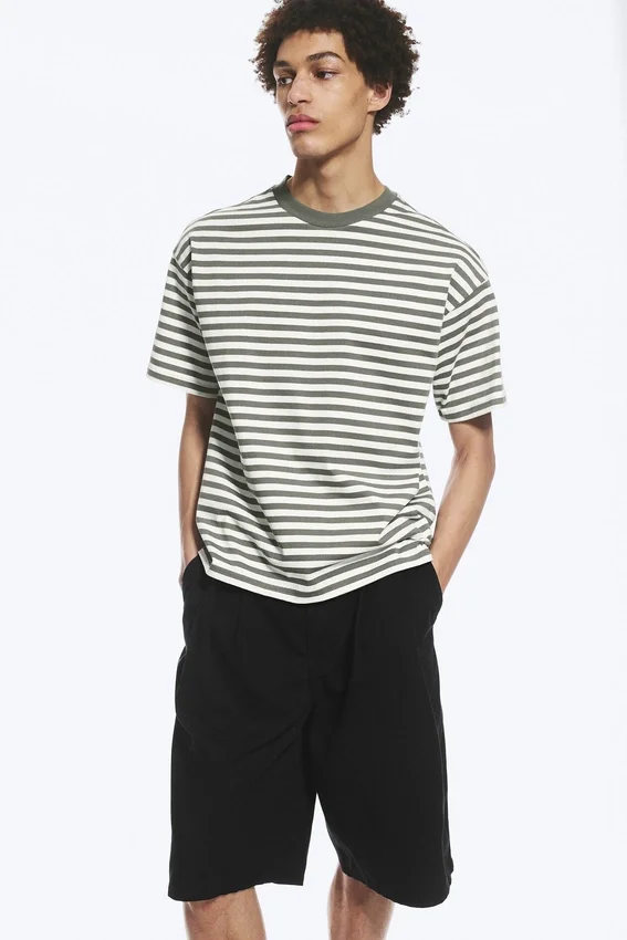 Loose Fit T-Shirt – White – Khaki Stripe Loose Fit T-Shirt – White – Khaki Stripe