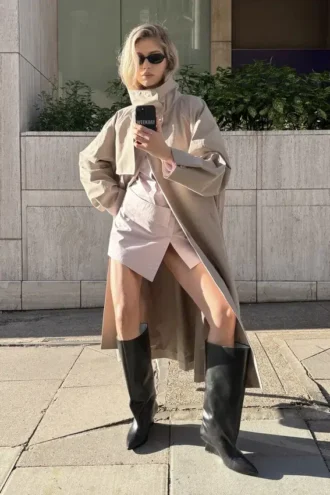 Loose Fit Trench Coat with Funnel Collar – Beige