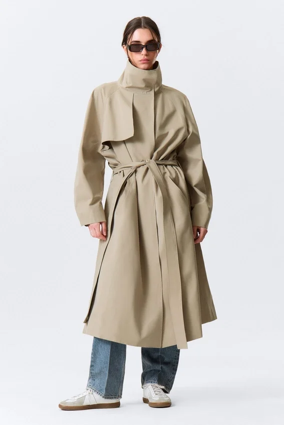 Loose Fit Trench Coat with Funnel Collar – Beige Loose Fit Trench Coat with Funnel Collar – Beige
