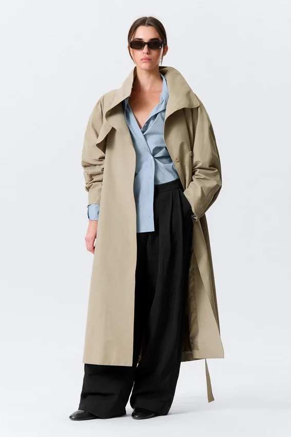 Loose Fit Trench Coat with Funnel Collar – Beige Loose Fit Trench Coat with Funnel Collar – Beige