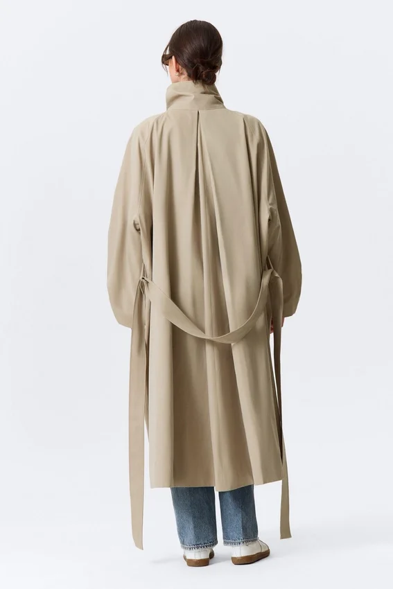 Loose Fit Trench Coat with Funnel Collar – Beige Loose Fit Trench Coat with Funnel Collar – Beige