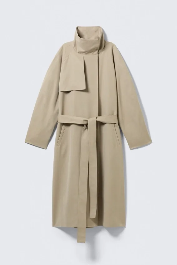 Loose Fit Trench Coat with Funnel Collar – Beige Loose Fit Trench Coat with Funnel Collar – Beige