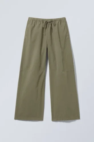 Loose Fit Washed Ripstop Trousers – Dark Khaki Green