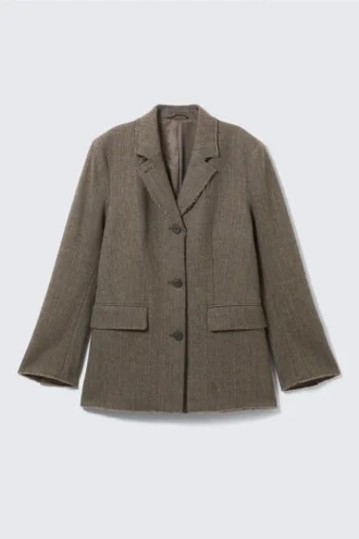 Loose Fit Wool Blend Herringbone Blazer – Dark Mole Herringbone