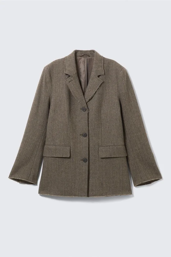 Loose Fit Wool Blend Herringbone Blazer – Dark Mole Herringbone Loose Fit Wool Blend Herringbone Blazer – Dark Mole Herringbone