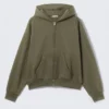 Loose Fit Zip Hoodie – Washed Dark Green Loose Fit Zip Hoodie – Washed Dark Green
