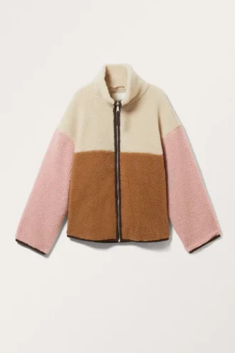 Loose Fleece Zip Jacket – Beige/Brown/Pink