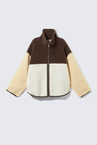 Loose Fleece Zip Jacket – Brown/White/Yellow