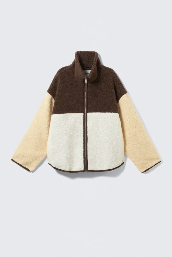 Loose Fleece Zip Jacket – Brown/White/Yellow Loose Fleece Zip Jacket – Brown/White/Yellow