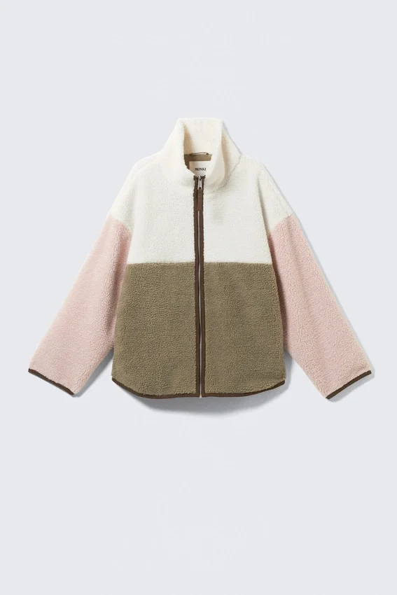 Loose Fleece Zip Jacket – White/Khaki/Pink Loose Fleece Zip Jacket – White/Khaki/Pink