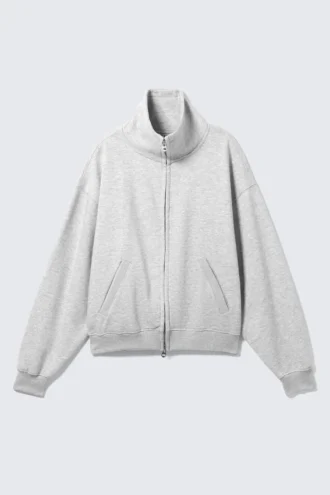 Loose Funnel Neck Zip Cardigan – Grey Melange