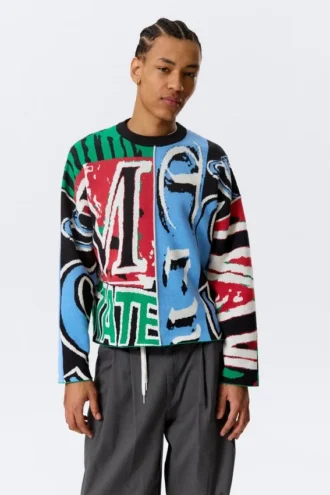 Loose Graphic Knitted Cotton Sweater – Multicoloured Print