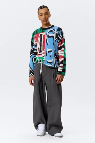 Loose Graphic Knitted Cotton Sweater – Multicoloured Print