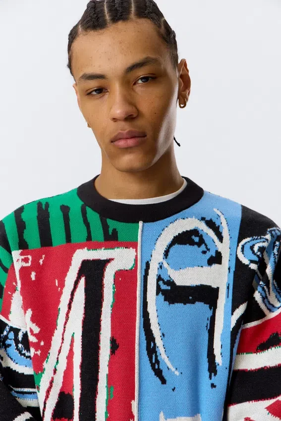 Loose Graphic Knitted Cotton Sweater – Multicoloured Print Loose Graphic Knitted Cotton Sweater – Multicoloured Print