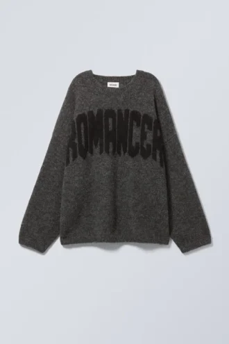 Loose Graphic Knitted Sweater – Dark Grey – Romancer Loose Graphic Knitted Sweater – Dark Grey – Romancer