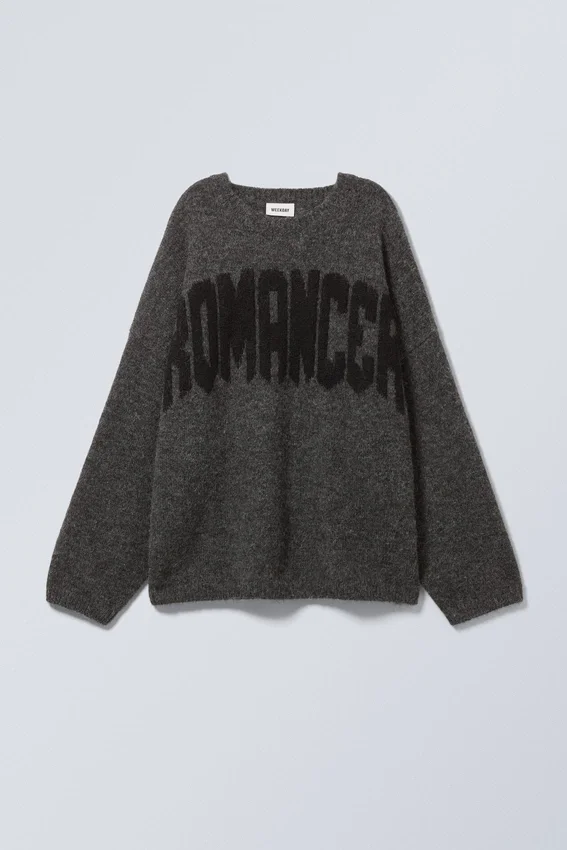 Loose Graphic Knitted Sweater – Dark Grey – Romancer Loose Graphic Knitted Sweater – Dark Grey – Romancer