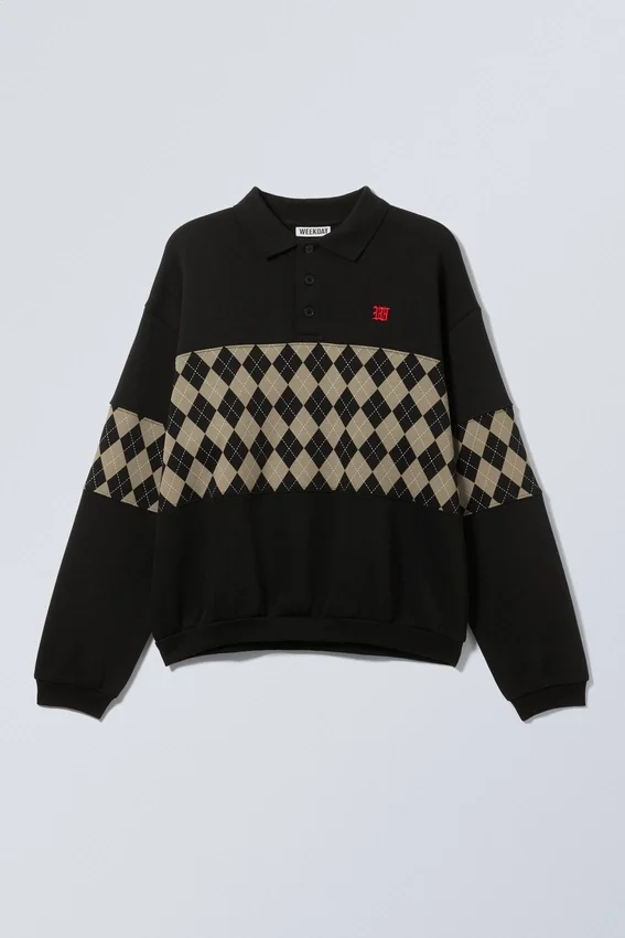 Loose Graphic Polo Sweatshirt – Black – Argyle Insert Loose Graphic Polo Sweatshirt – Black – Argyle Insert