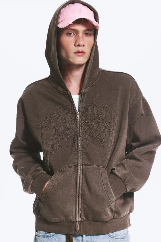 Loose Graphic Zip Hoodie – Dark Brown Loose Graphic Zip Hoodie – Dark Brown