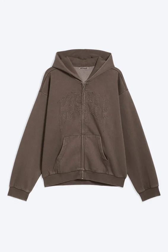 Loose Graphic Zip Hoodie – Dark Brown Loose Graphic Zip Hoodie – Dark Brown