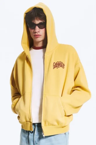 Loose Graphic Zip Hoodie – Yellow – Red Wave
