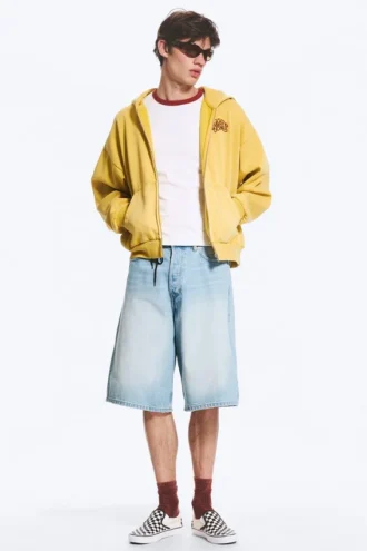 Loose Graphic Zip Hoodie – Yellow – Red Wave