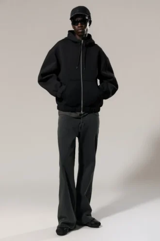 Loose High-Neck Scuba Zip Hoodie – Black