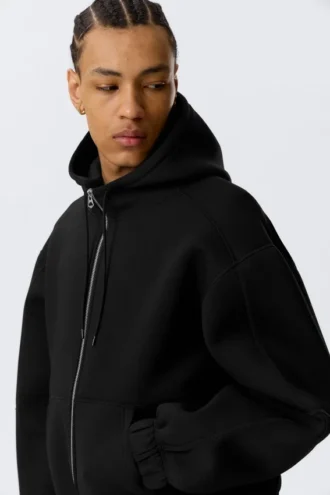 Loose High-Neck Scuba Zip Hoodie – Black
