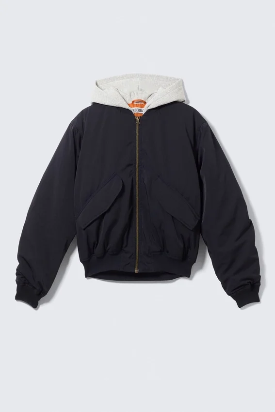 Loose Hooded Bomber Jacket – Dark Navy Blue Loose Hooded Bomber Jacket – Dark Navy Blue